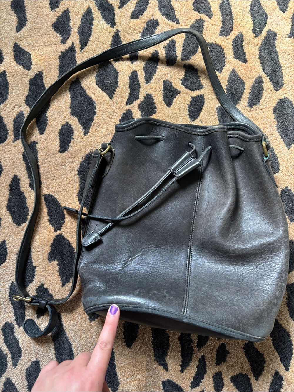 Vintage Coach Black Leather Drawstring Shoulder Bag